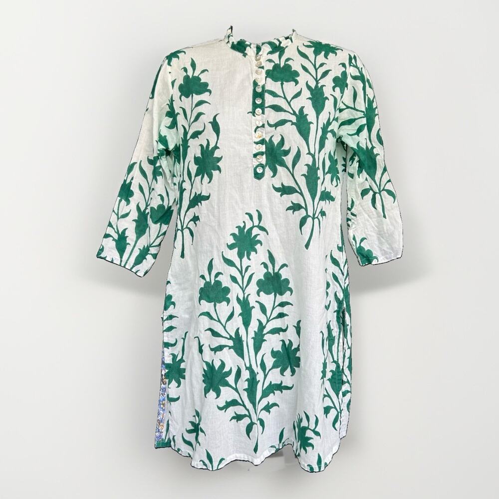 Roberta Roller Rabbit Tunic Top Size XS Green White Floral Kurta Blouse Beach